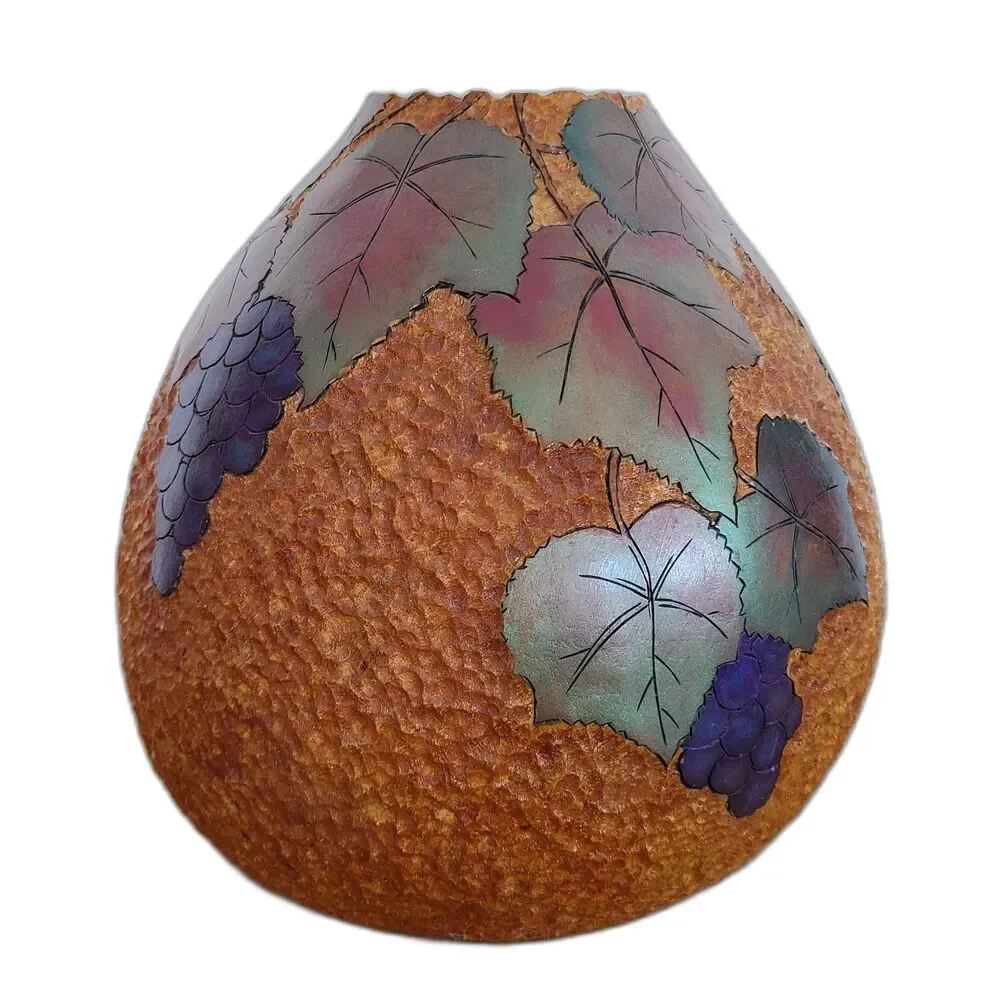Large Artisan Crafted Gourd Vase Container Nature Grapes Motif Grape Leaf Theme